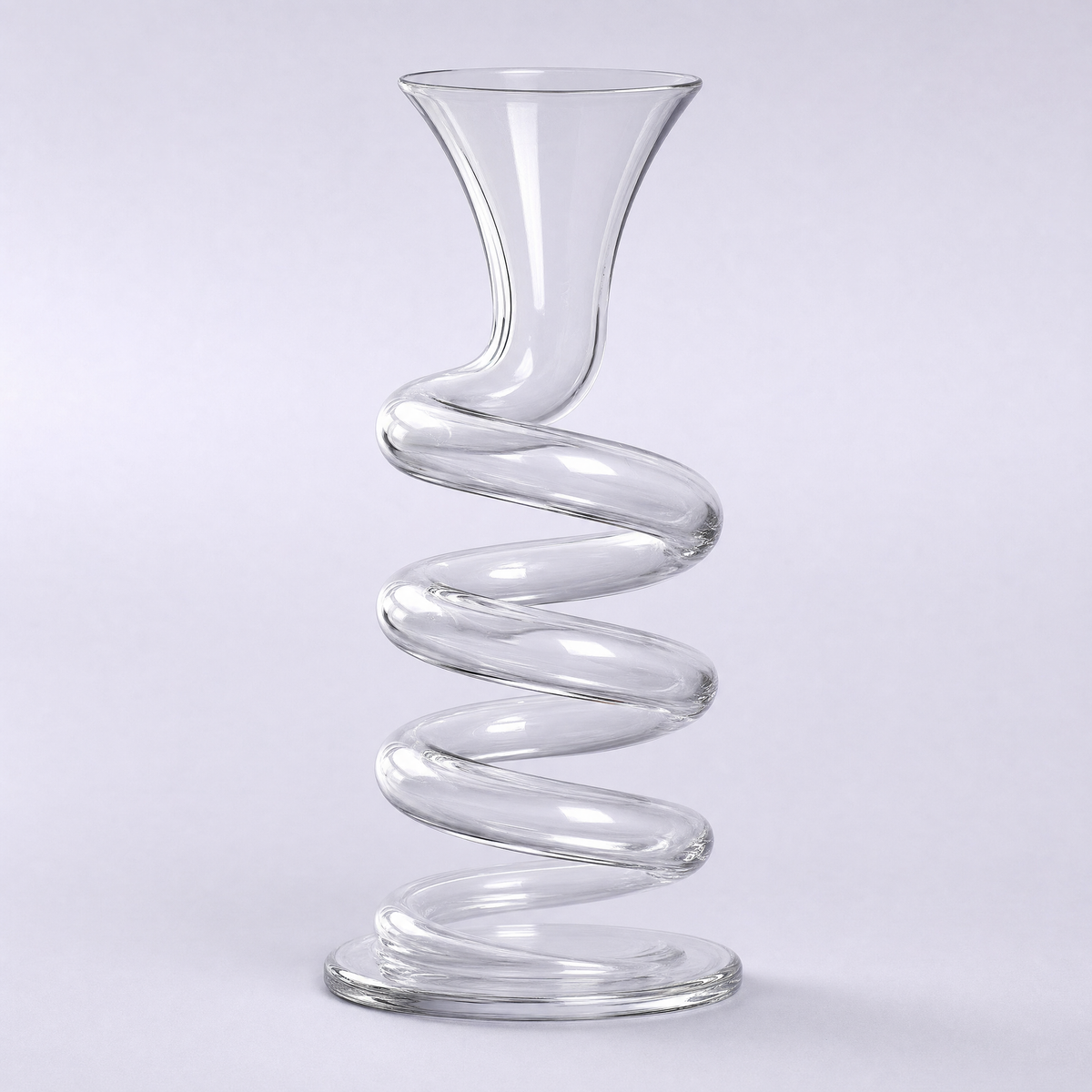 Helix decanter, a clear crystal tube coiled in open turns with a flared neck