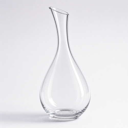 Aurora decanter, a crystal teardrop body with a long slender neck and angled lip